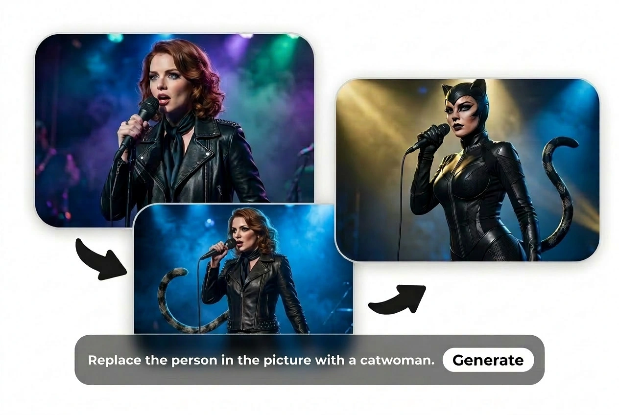 Seedance image to video example showing a singer transformed into a catwoman-style character with consistent visual storytelling