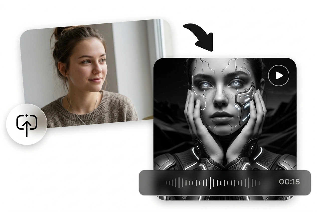 Seedance AI video generator transforming a portrait photo into a futuristic sci-fi character video scene
