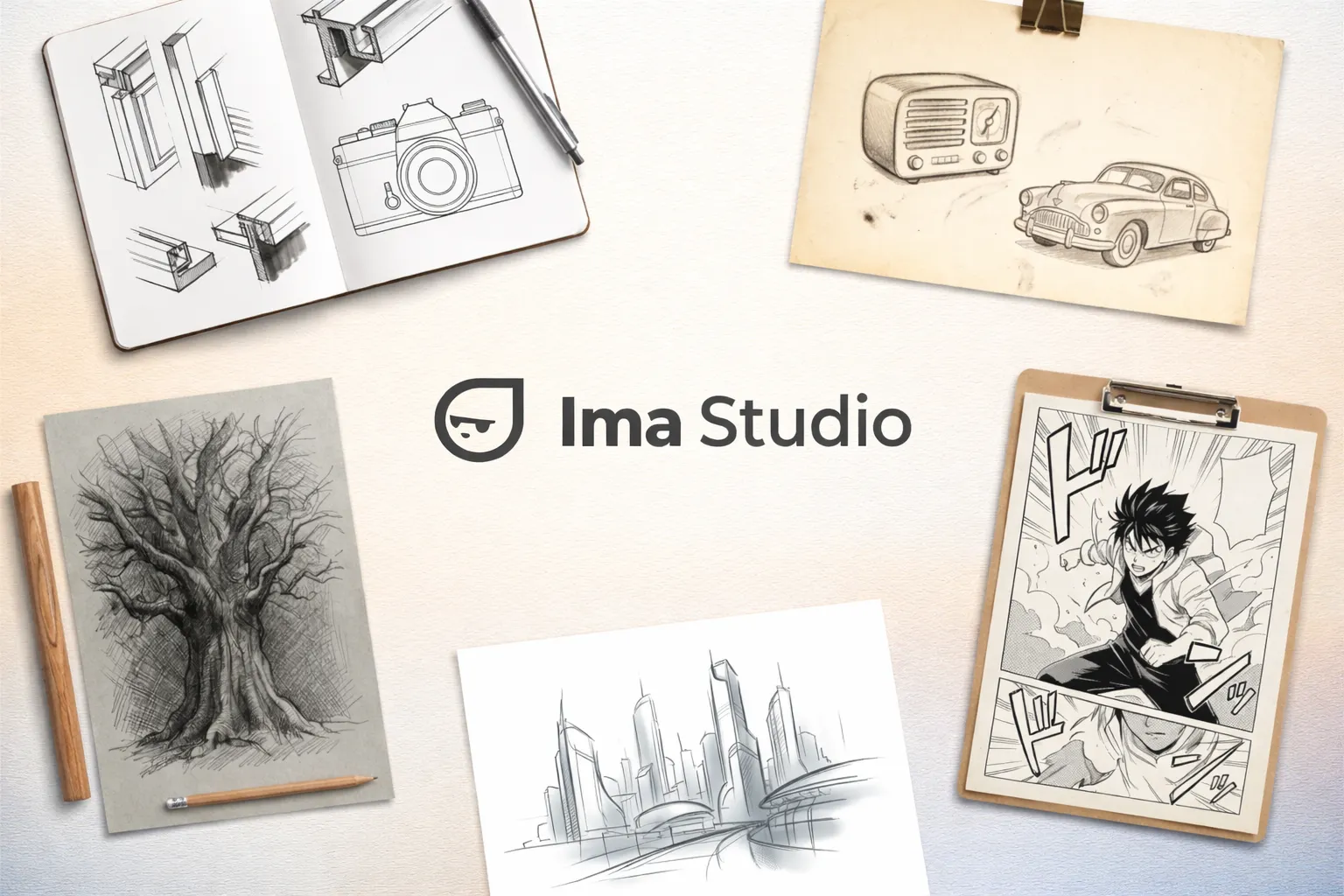 Ima Studio 的 AI 素描生成器示例，展示了铅笔素描、线条艺术和绘画风格。