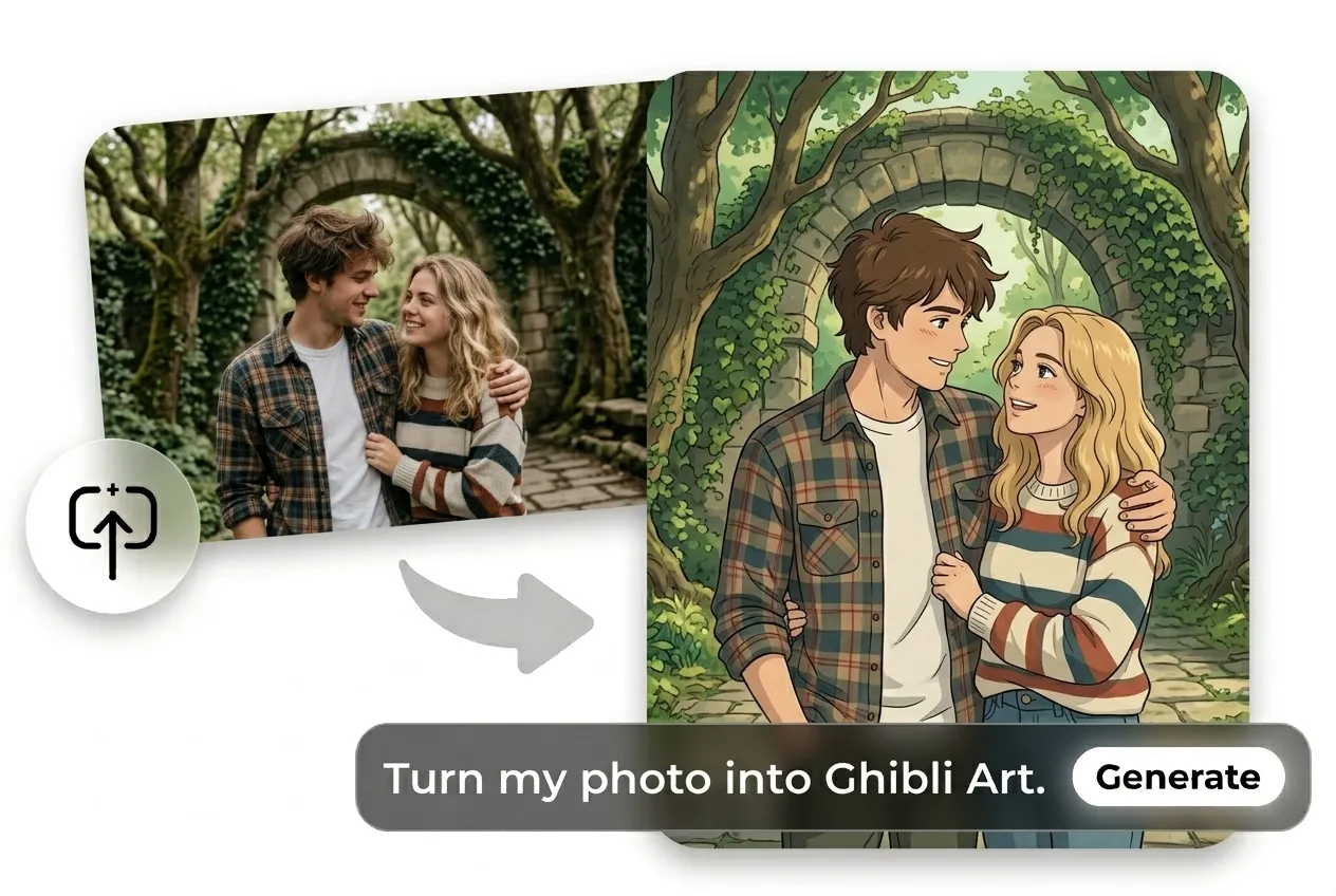 Ghibli AI generator from photo showing a couple transformed into Studio Ghibli-style illustration