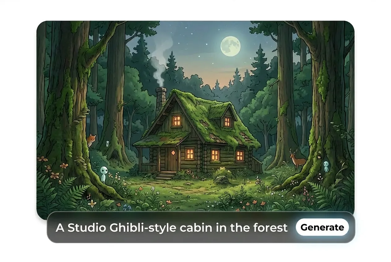 Studio Ghibli-style cabin in the forest generated by Ghibli AI generator from text prompt