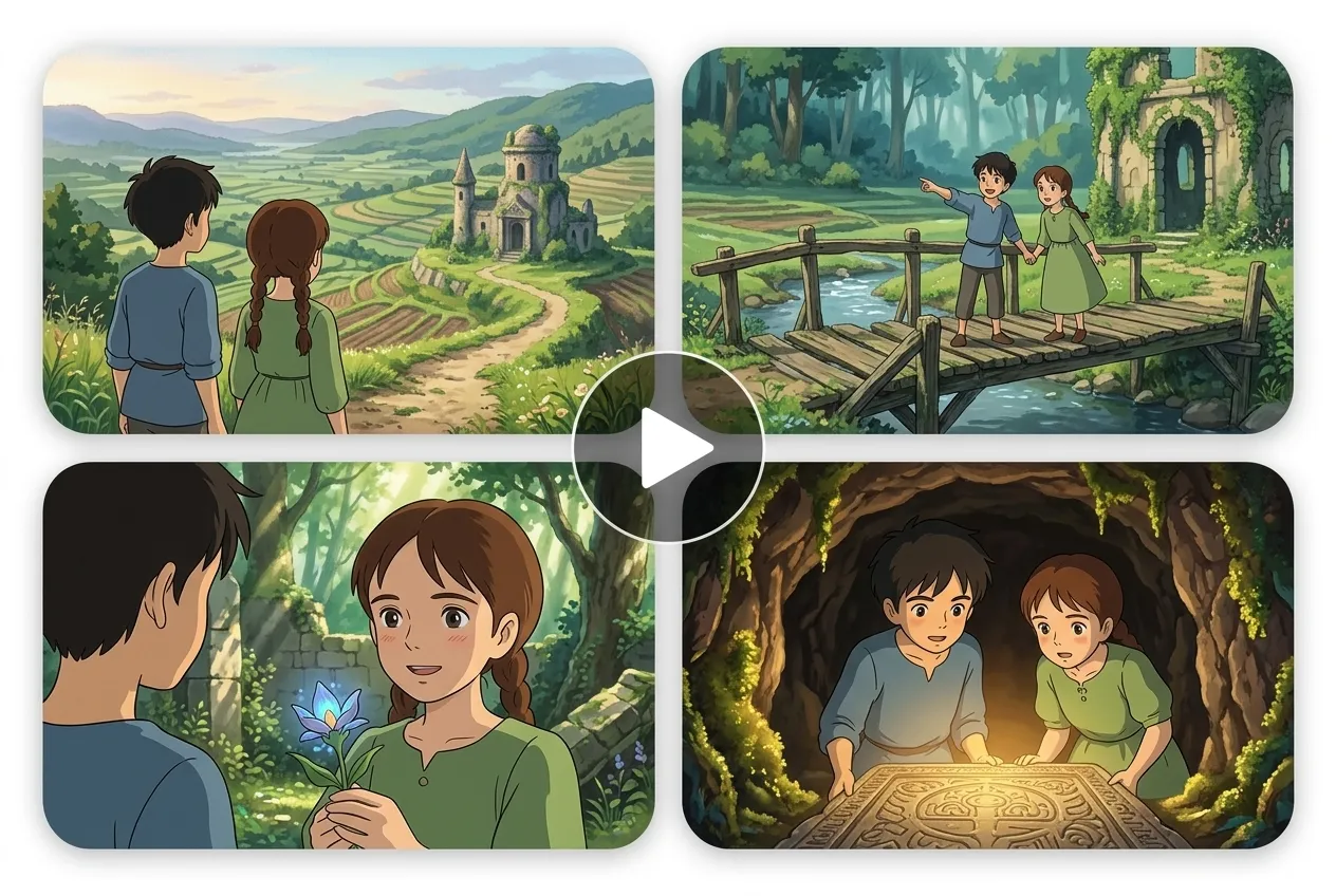 Ghibli-style animated scenes with characters and landscapes created using AI image to video generator