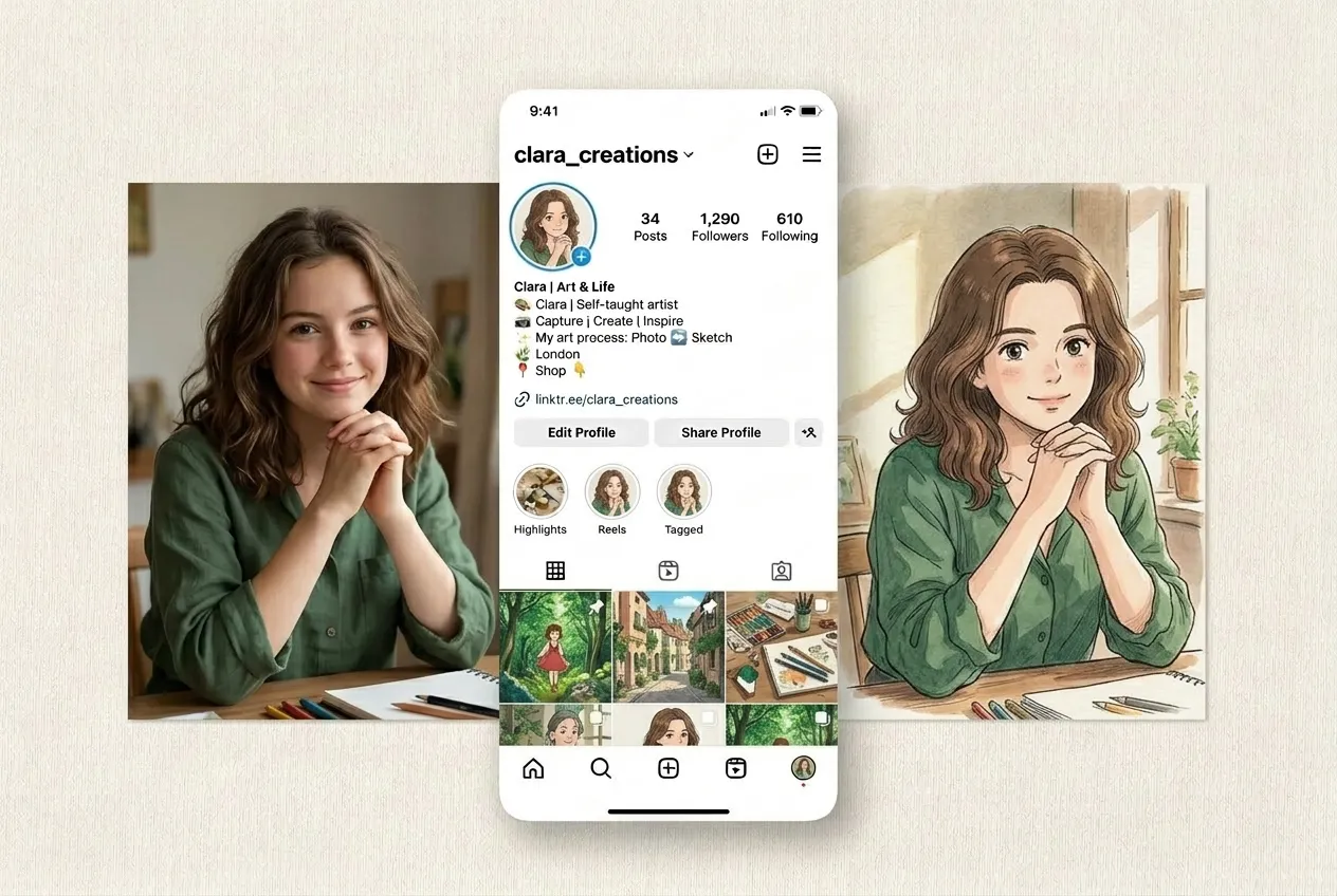 Ghibli-style portrait created from photo for social media profile using AI image generator