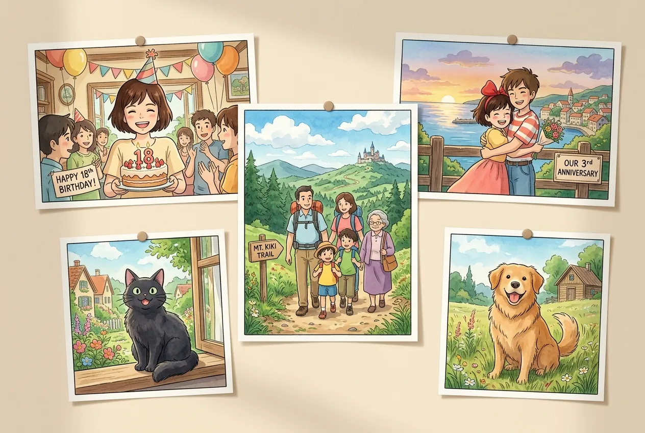 Ghibli-style illustrations for family memories, pets, and celebrations generated by AI art generator