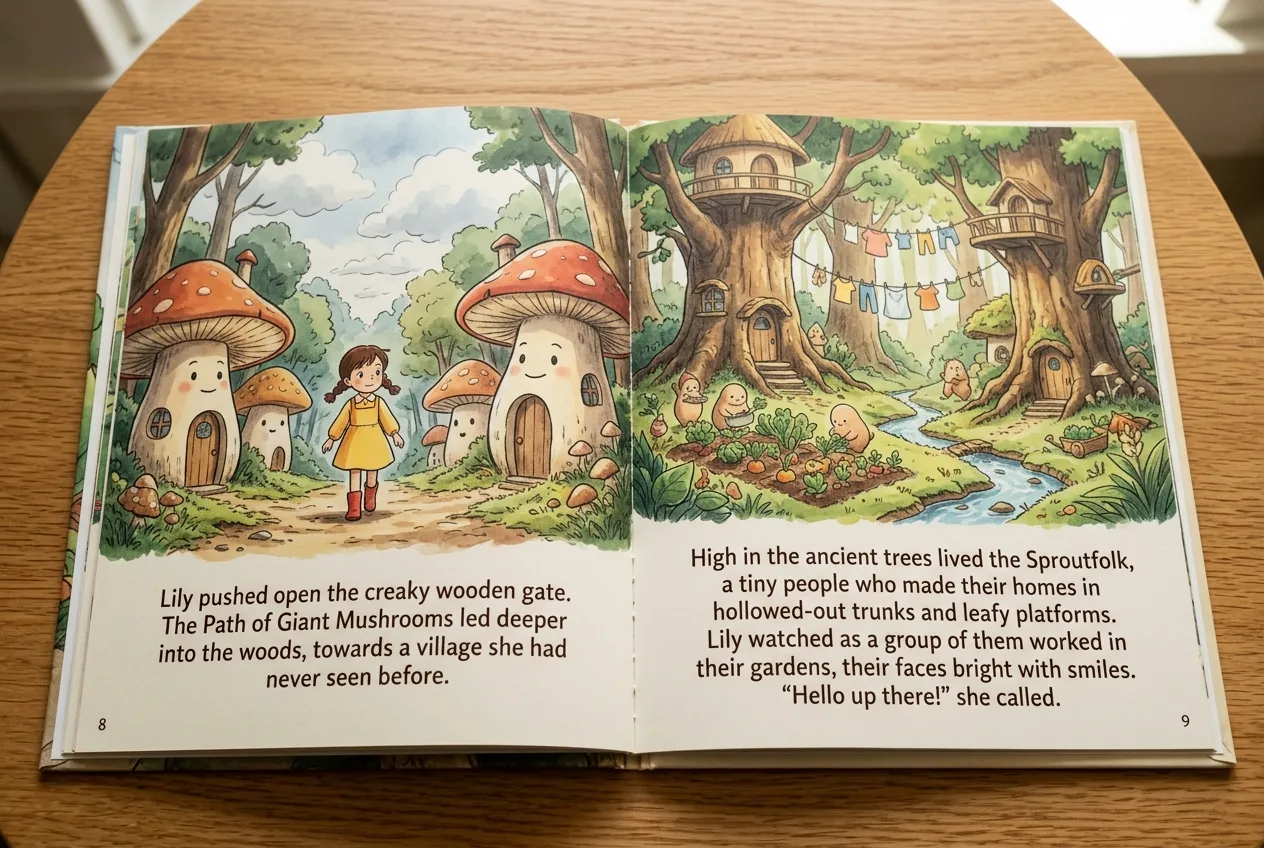 Ghibli-style storybook illustrations with characters and fantasy forest scenes created using AI generator
