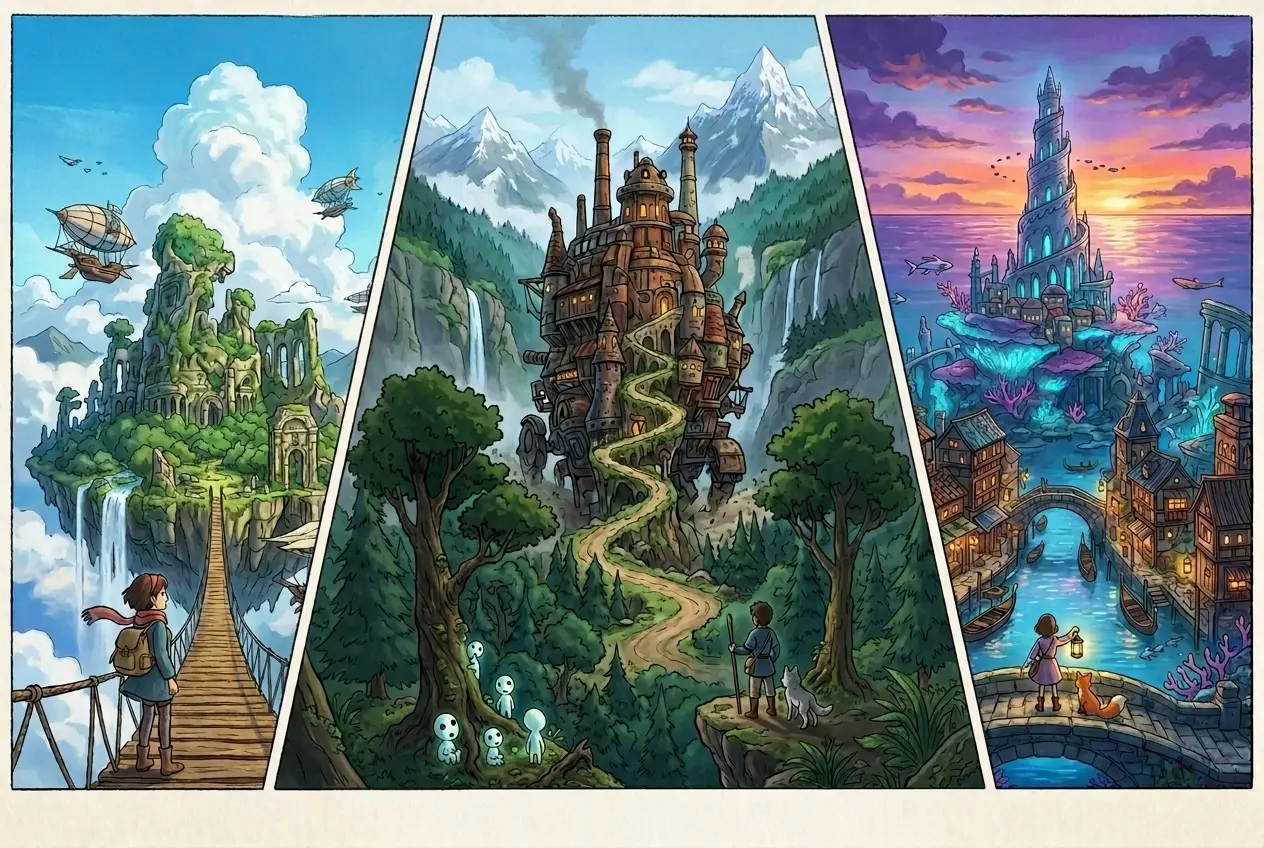 Studio Ghibli-style fantasy worlds and landscapes generated by Ghibli AI image generator