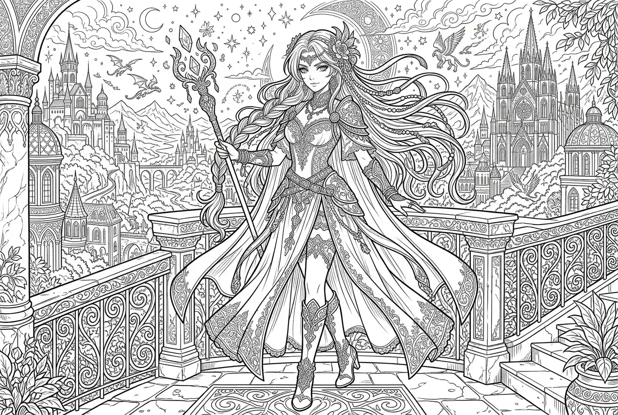 AI塗り絵ジェネレーターが城の背景を持つ詳細なファンタジープリンセス塗り絵ページを作成します