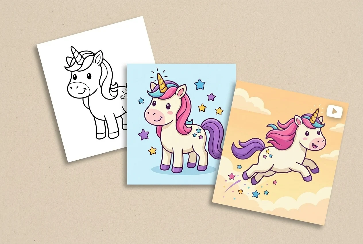 AIによる塗り絵ページ生成ツールが、ユニコーンの塗り絵ページをカラーイラストとアニメーションシーンに変換します。