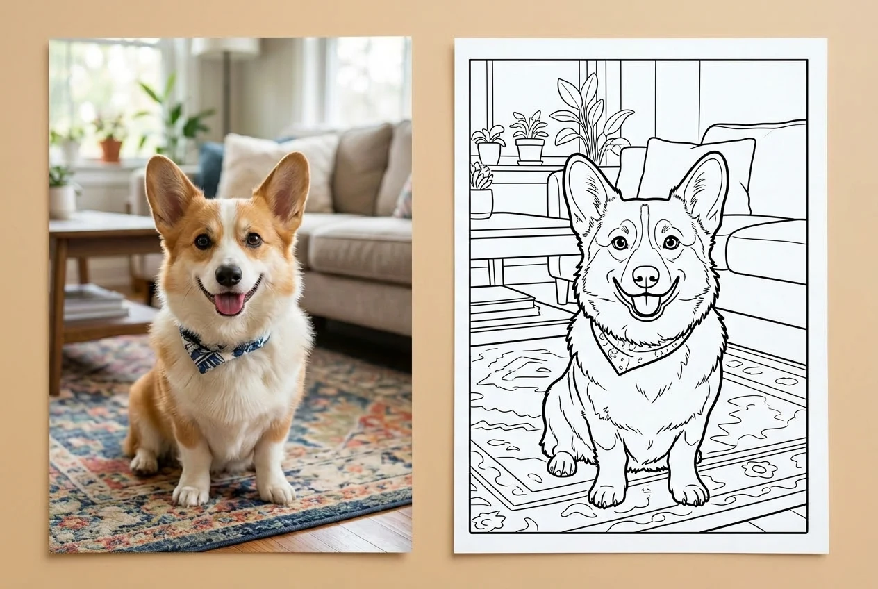 AI塗り絵ジェネレーターが作成した写真からの塗り絵ページ。犬の肖像画が線画に変換されている。