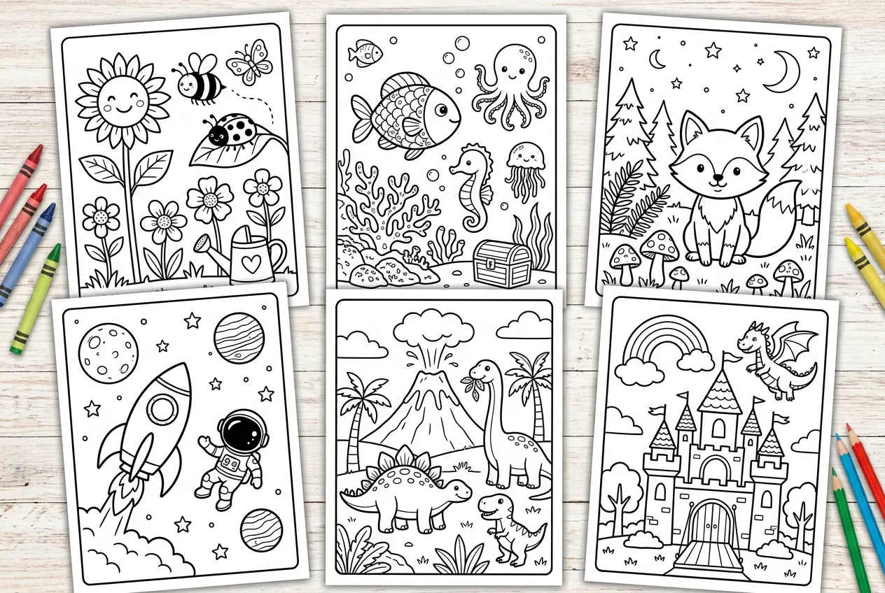 AIぬり絵ジェネレーターで生成された、花、海、キツネ、宇宙、恐竜、お城をテーマにした子供向けぬり絵ページ。