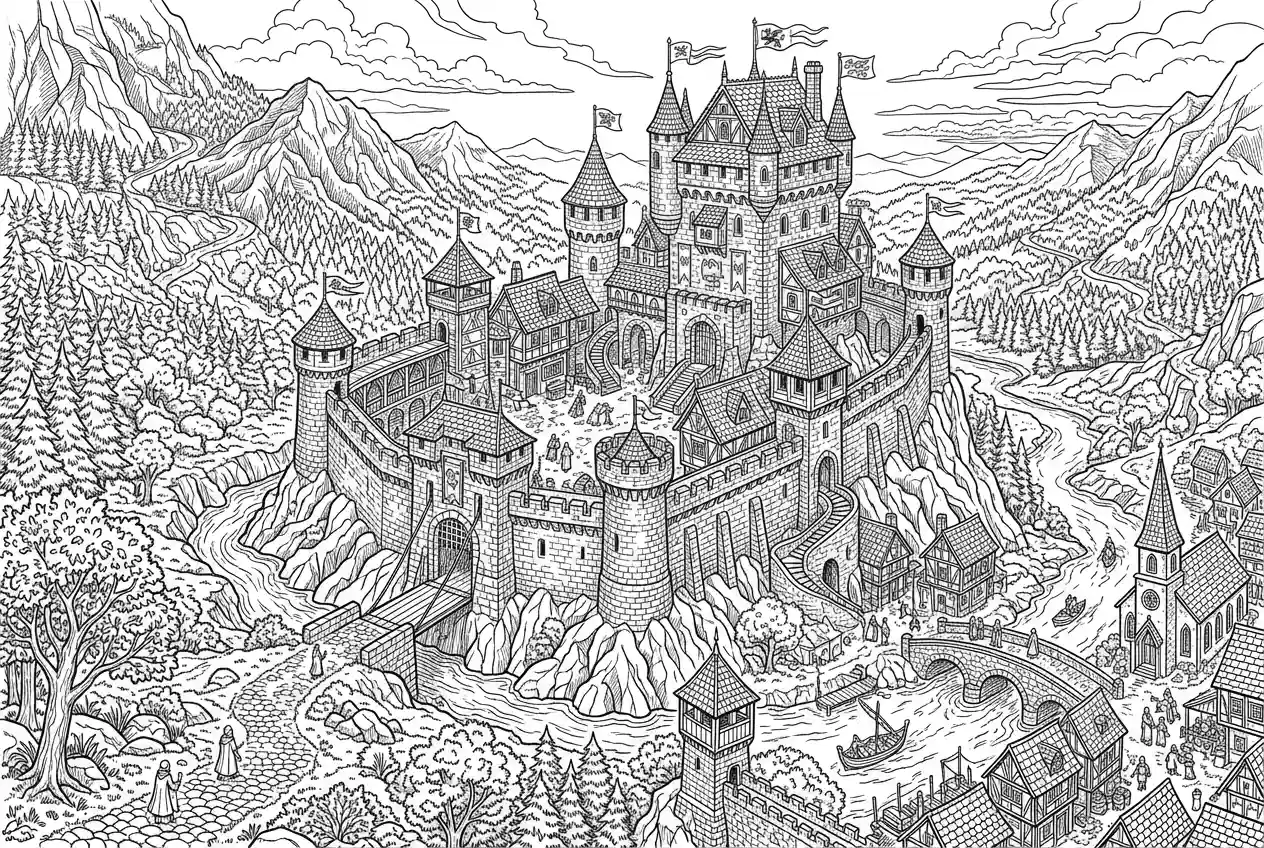 AI塗り絵ジェネレーターによって生成された、印刷可能なファンタジー塗り絵シート用の詳細な城の塗り絵ページ