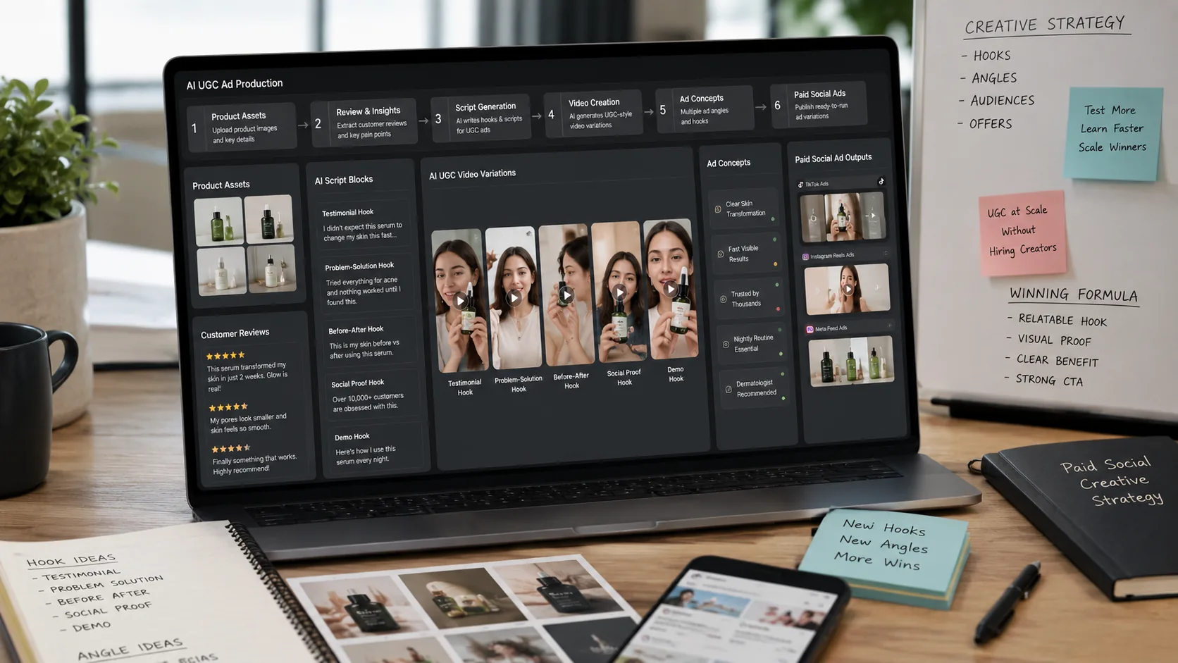 Dasbor pengujian konten kreatif AI UGC untuk artikel e-commerce