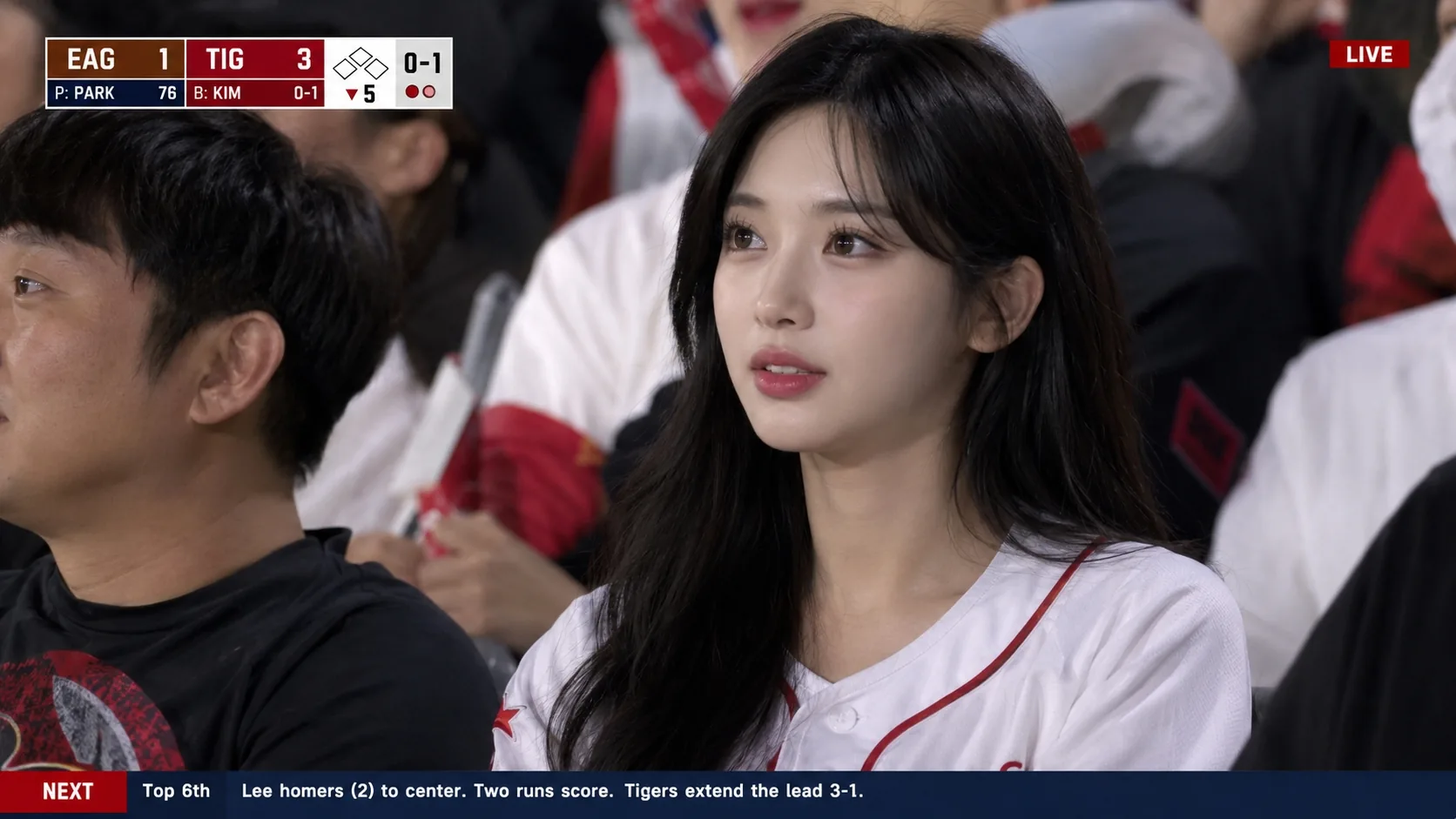 AI sports broadcast baseball fan reaction scene with live scoreboard graphics and stadium crowd