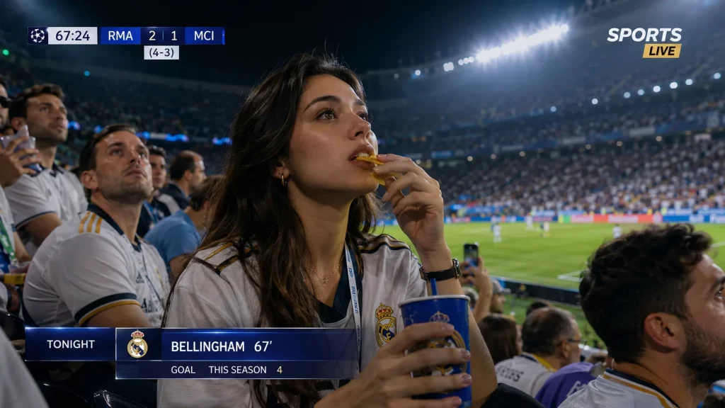 AI sports broadcast fan reaction scene in a stadium with live match graphics and floodlights