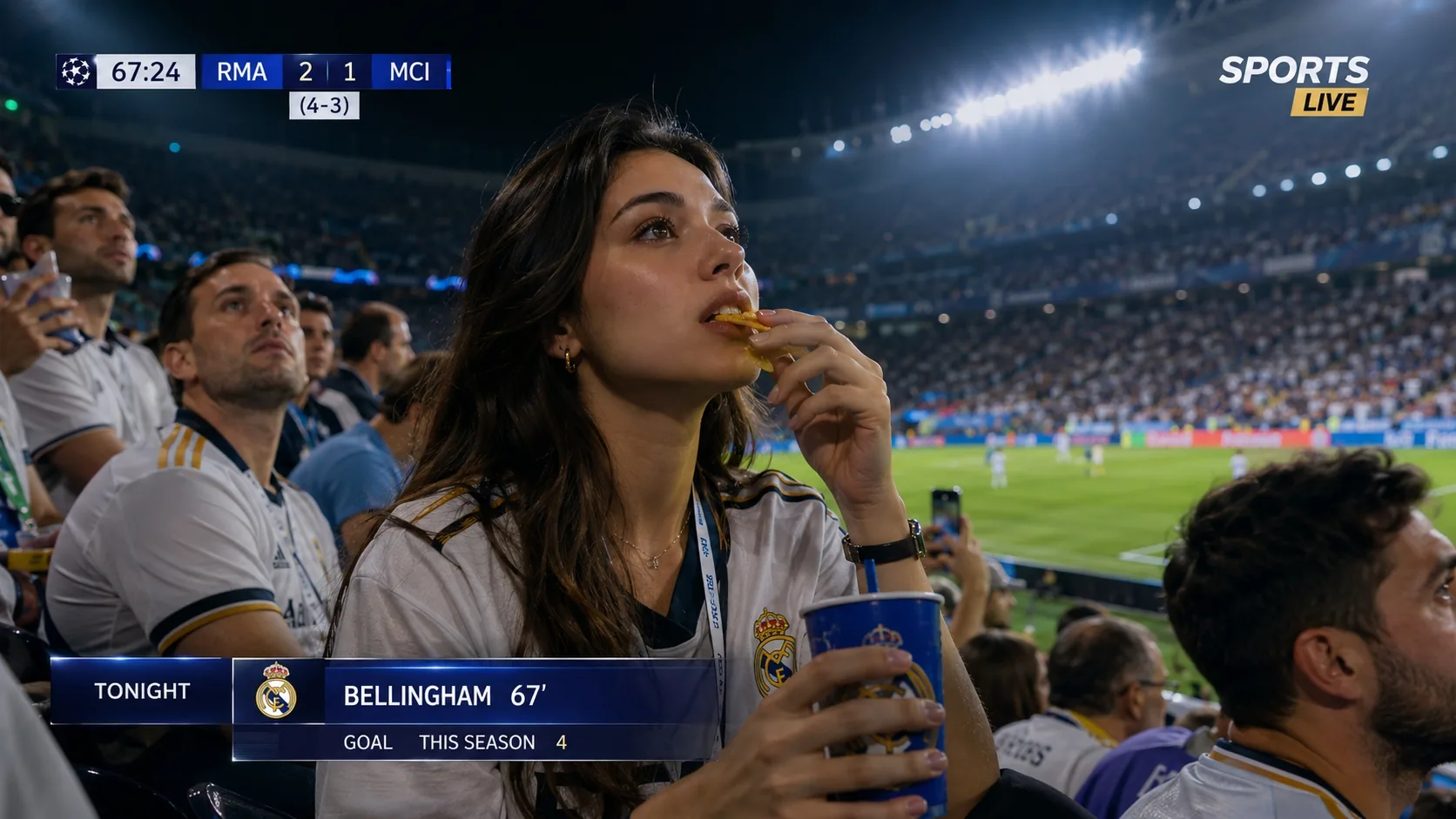 AI sports broadcast fan reaction scene in a stadium with live match graphics and floodlights