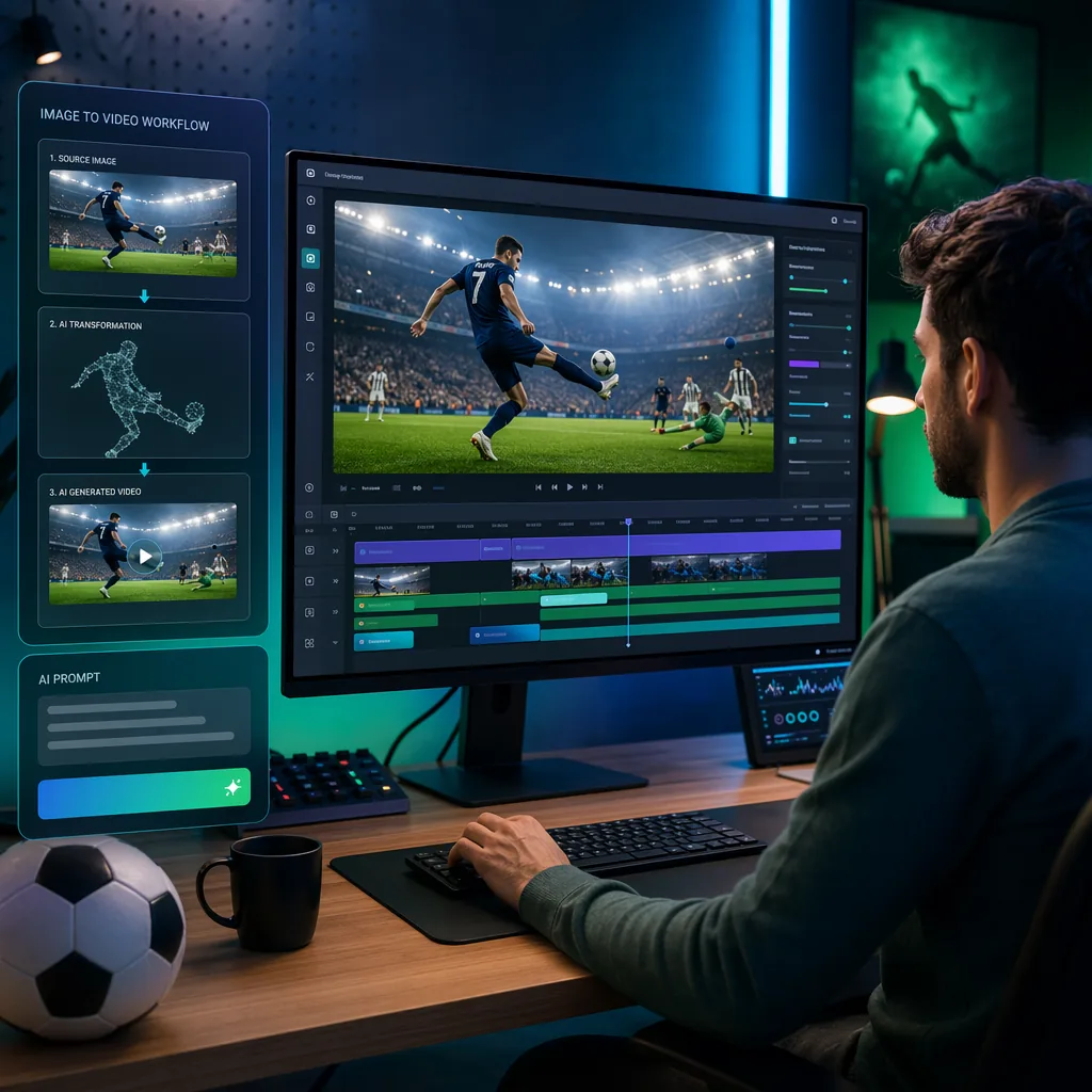 Creator editing an AI sports broadcast video workflow with stadium footage and AI video generation tools