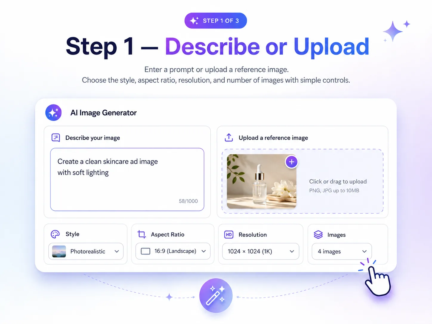 ImaStudio AI image generator step 1 describe prompt or upload reference image interface