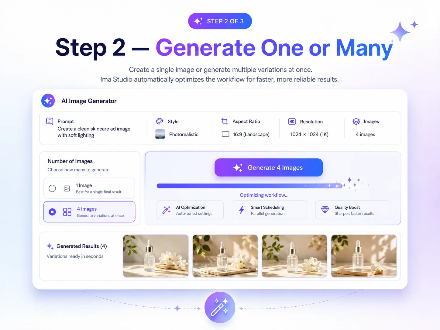 ImaStudio AI image generator step 2 generate one image or multiple variations interface