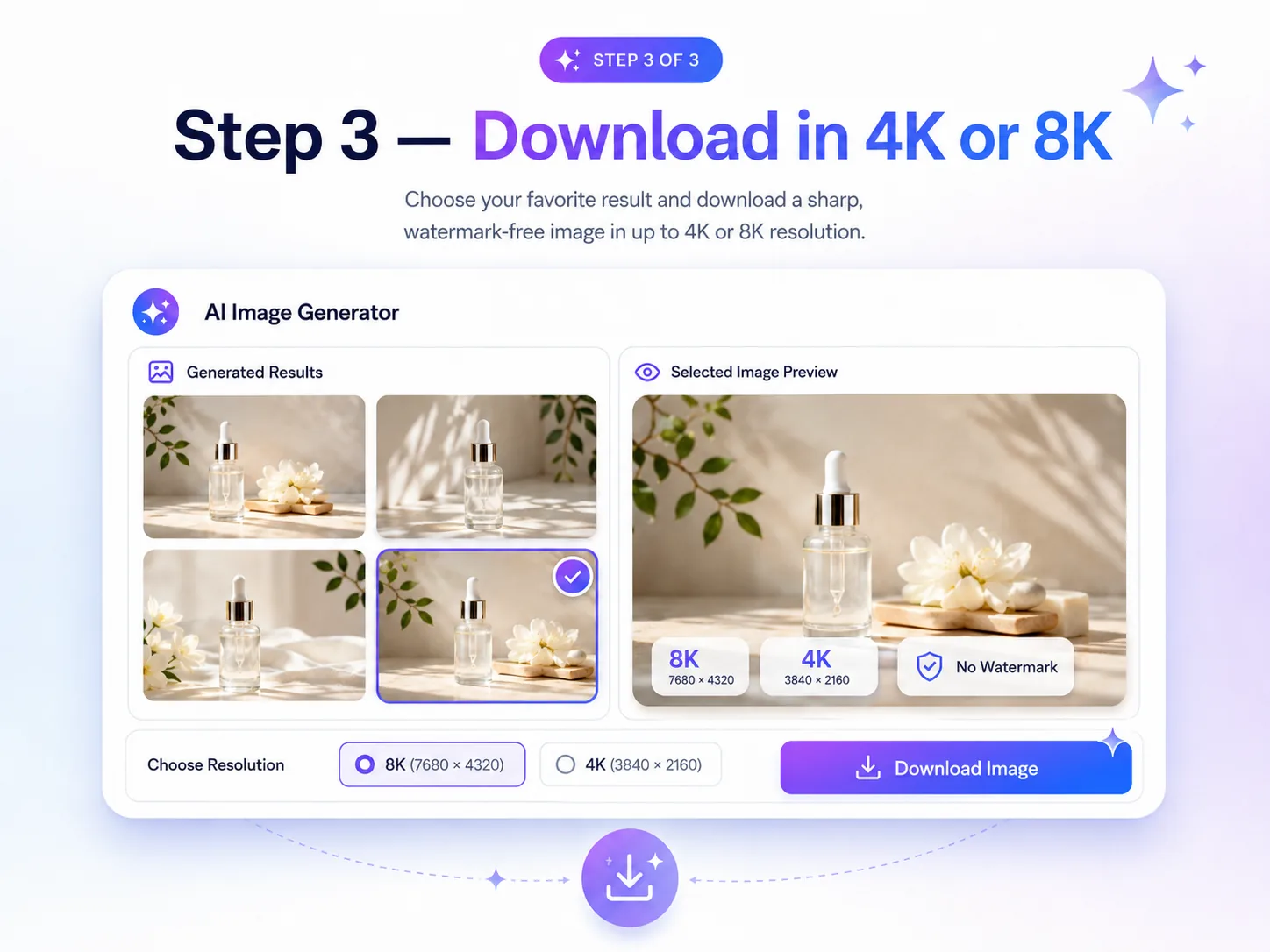 ImaStudio AI image generator step 3 download selected image in 4K or 8K without watermark