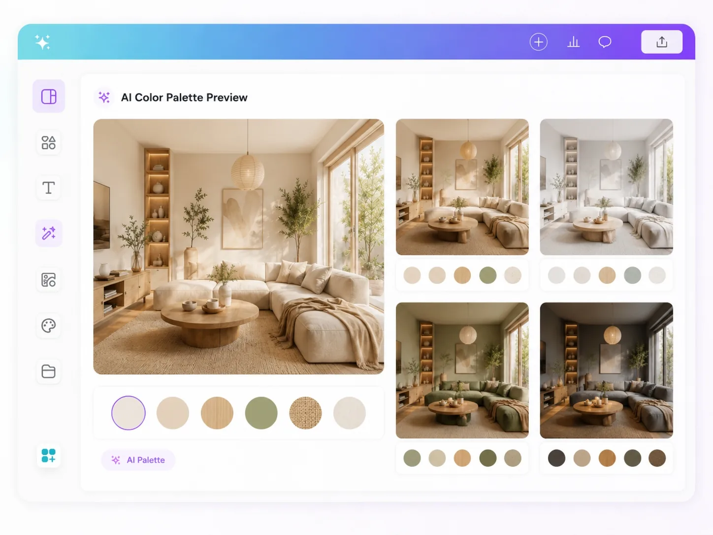 AI interior design generator showing AI color palette preview for living room wall colors materials and lighting