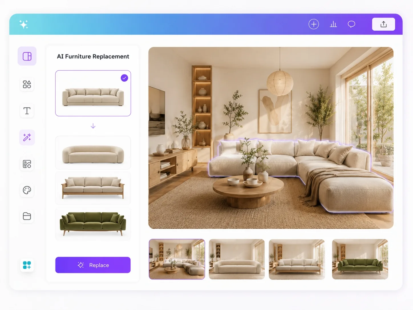 AI interior design generator showing AI furniture replacement for sofa options in a living room
