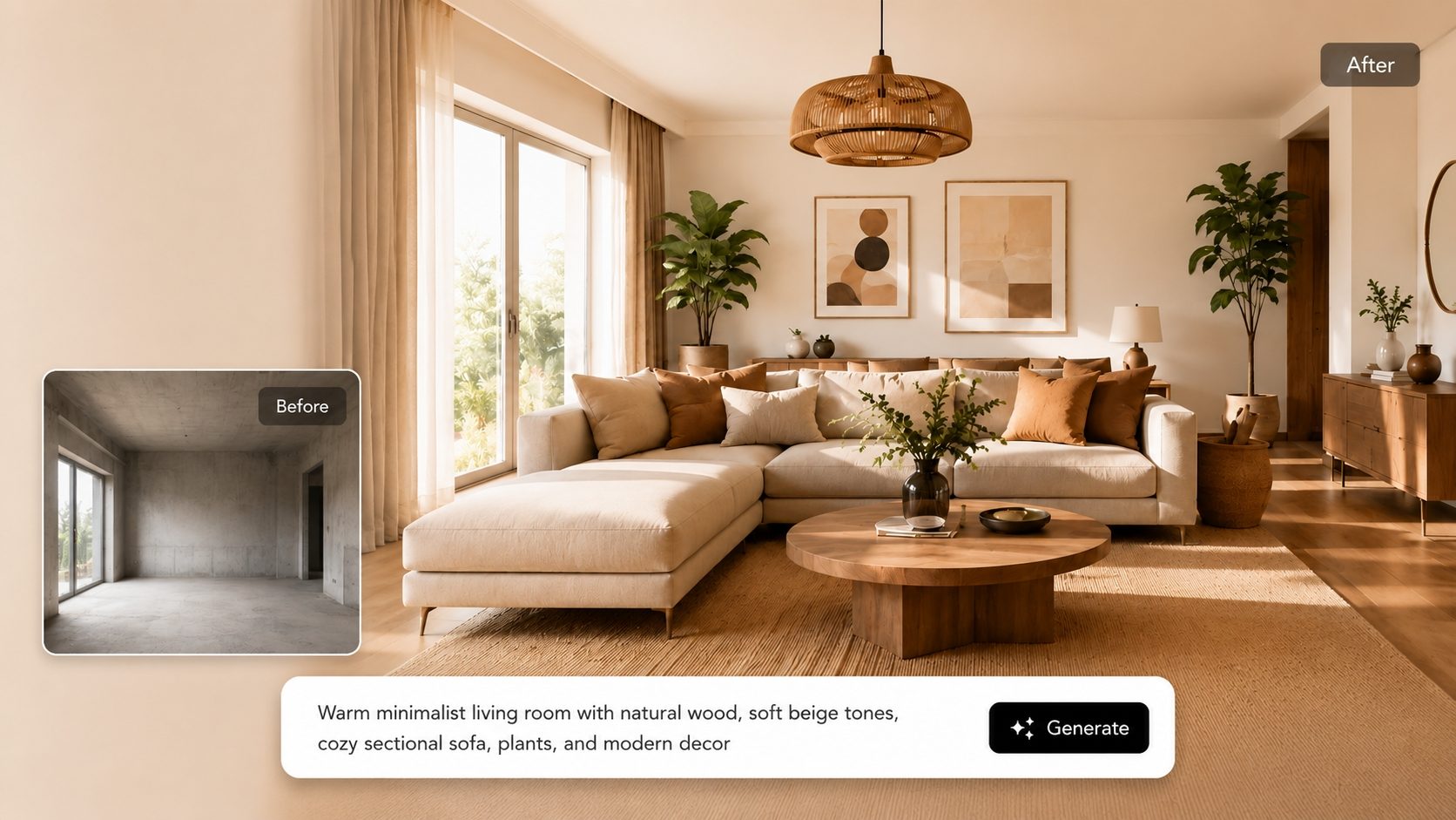 AI interior design generator before and after room redesign with warm minimalist living room concept