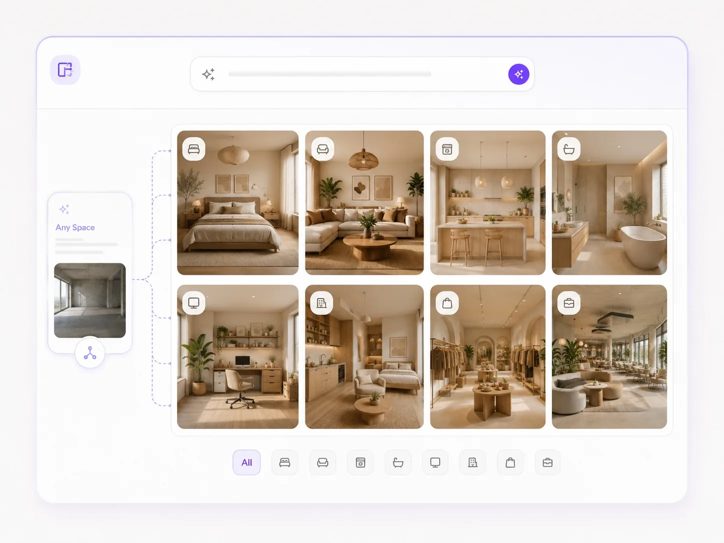 AI interior design generator showing design ideas for bedroom living room kitchen bathroom home office and commercial space