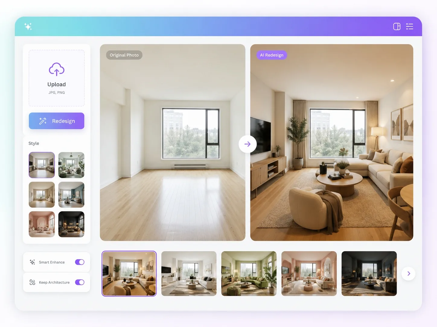 AI interior design generator showing photo to interior redesign from empty room to furnished living room