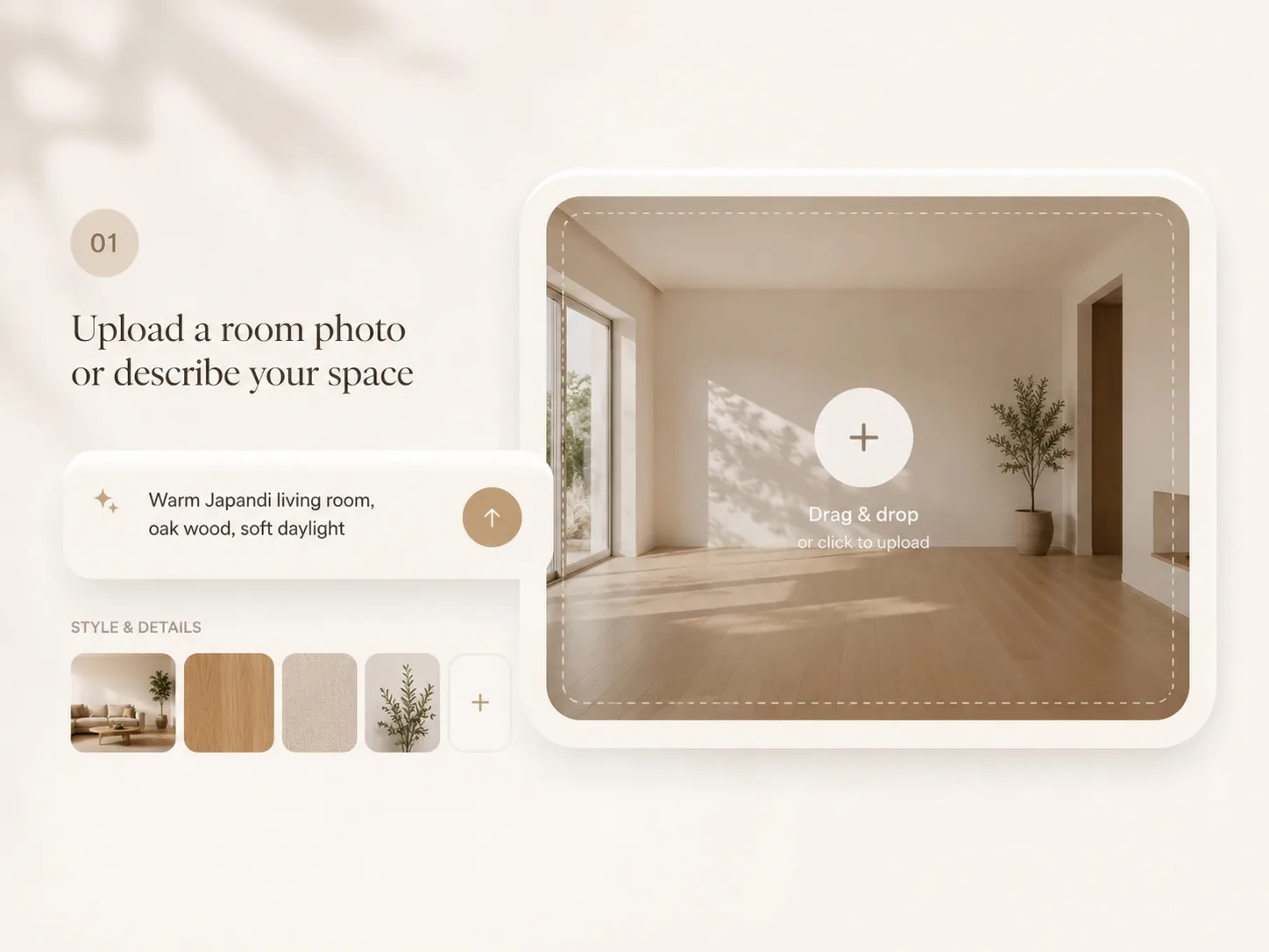 Step 1 of AI interior design generator showing room photo upload and text prompt input