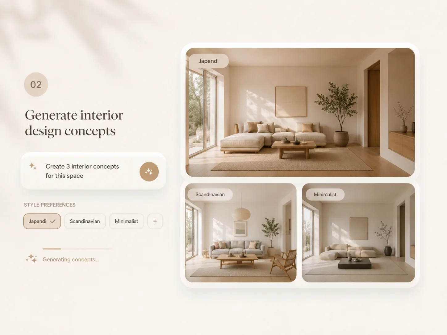 Step 2 of AI interior design generator showing multiple room design concepts in Japandi Scandinavian and minimalist styles