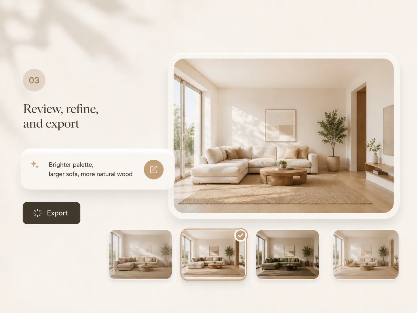 Step 3 of AI interior design generator showing refined room design versions ready to export