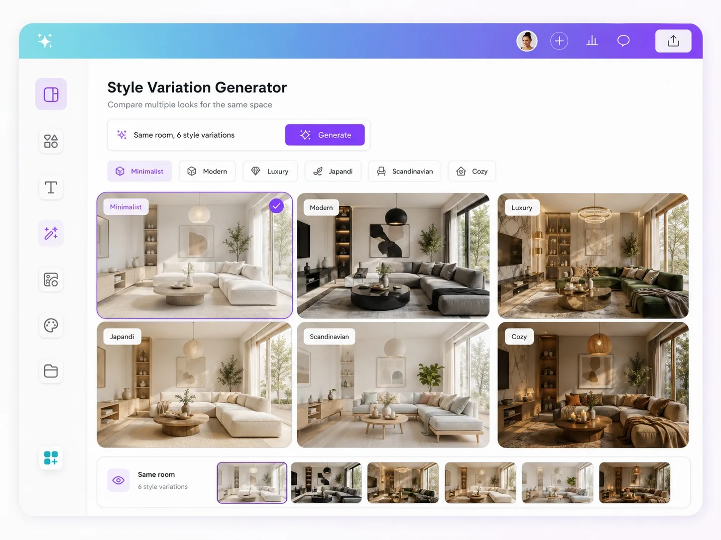 AI interior design generator style variation generator comparing minimalist modern luxury Japandi Scandinavian and cozy room styles