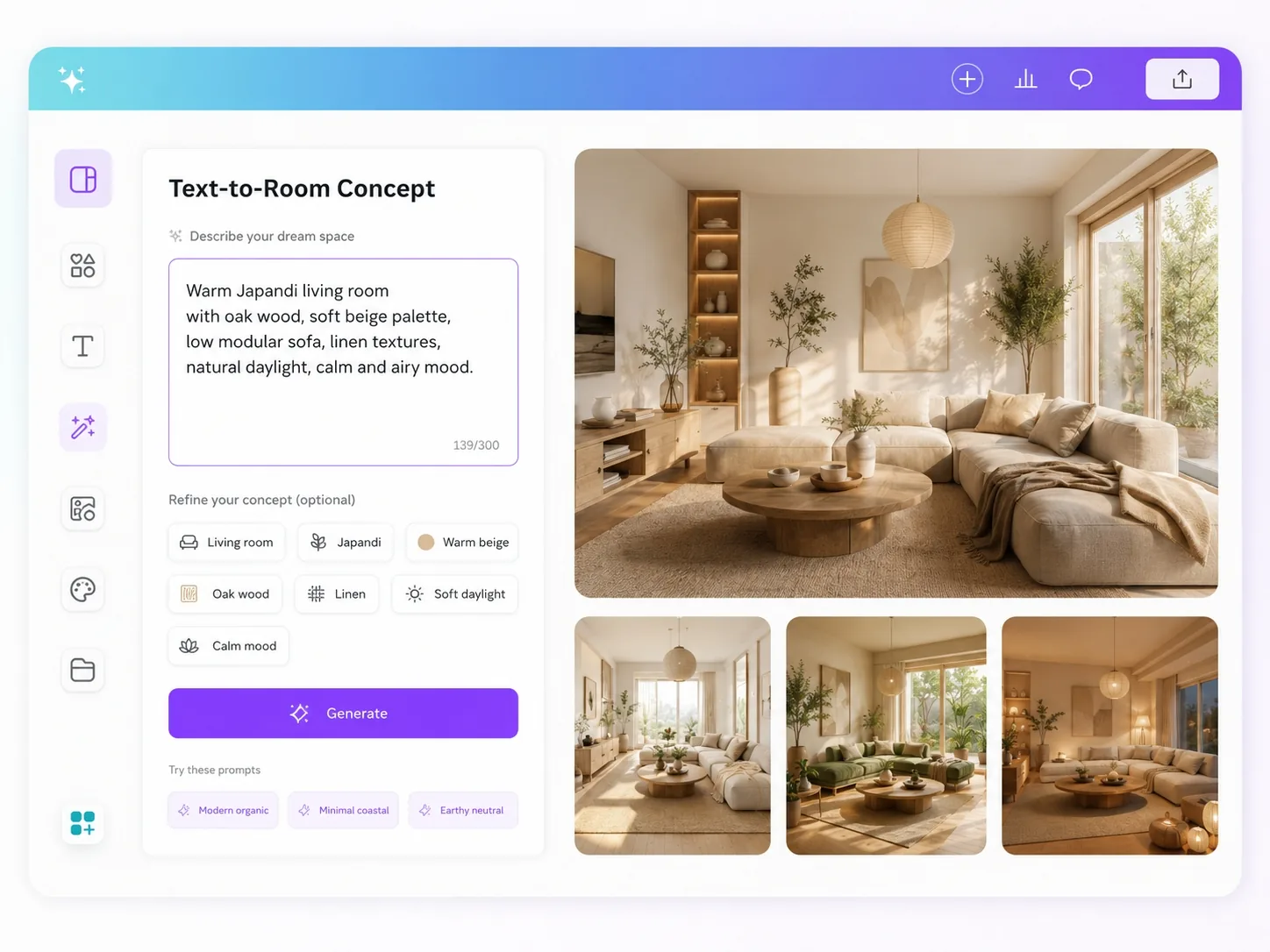 AI interior design generator text to room concept creating a warm Japandi living room from a prompt