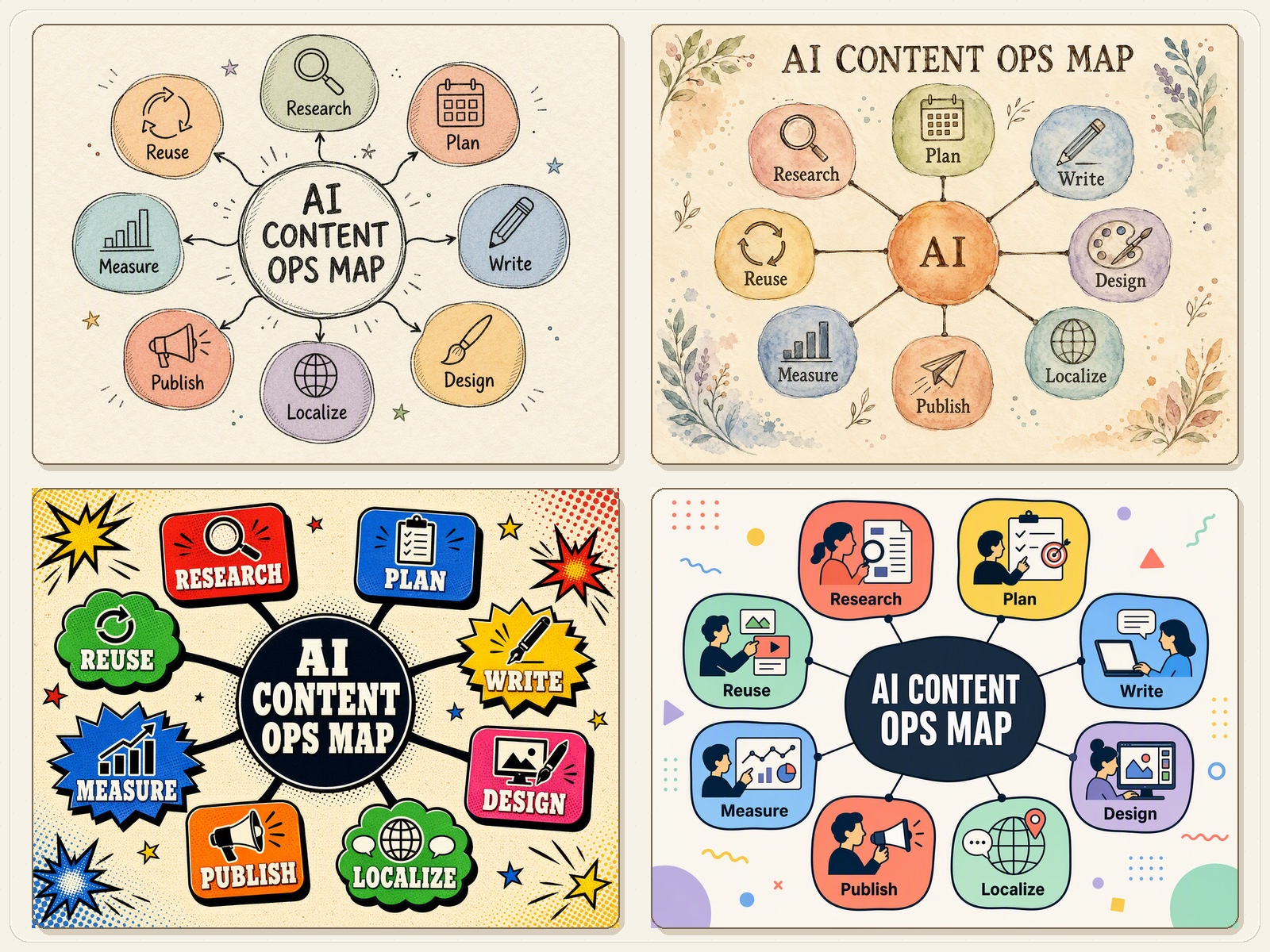 Perbandingan gaya empat panel 4 x 3 yang menunjukkan infografis pendidikan yang digambar tangan, buku cerita cat air, pop retro, dan infografis korporat Memphis.