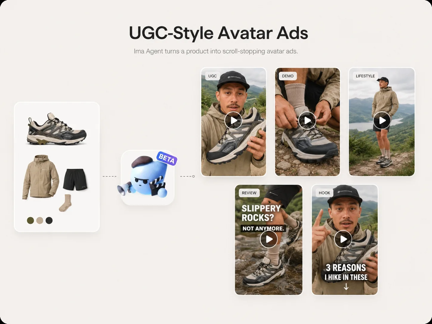 Avatar AI gaya hidup ramah untuk iklan produk bergaya UGC.