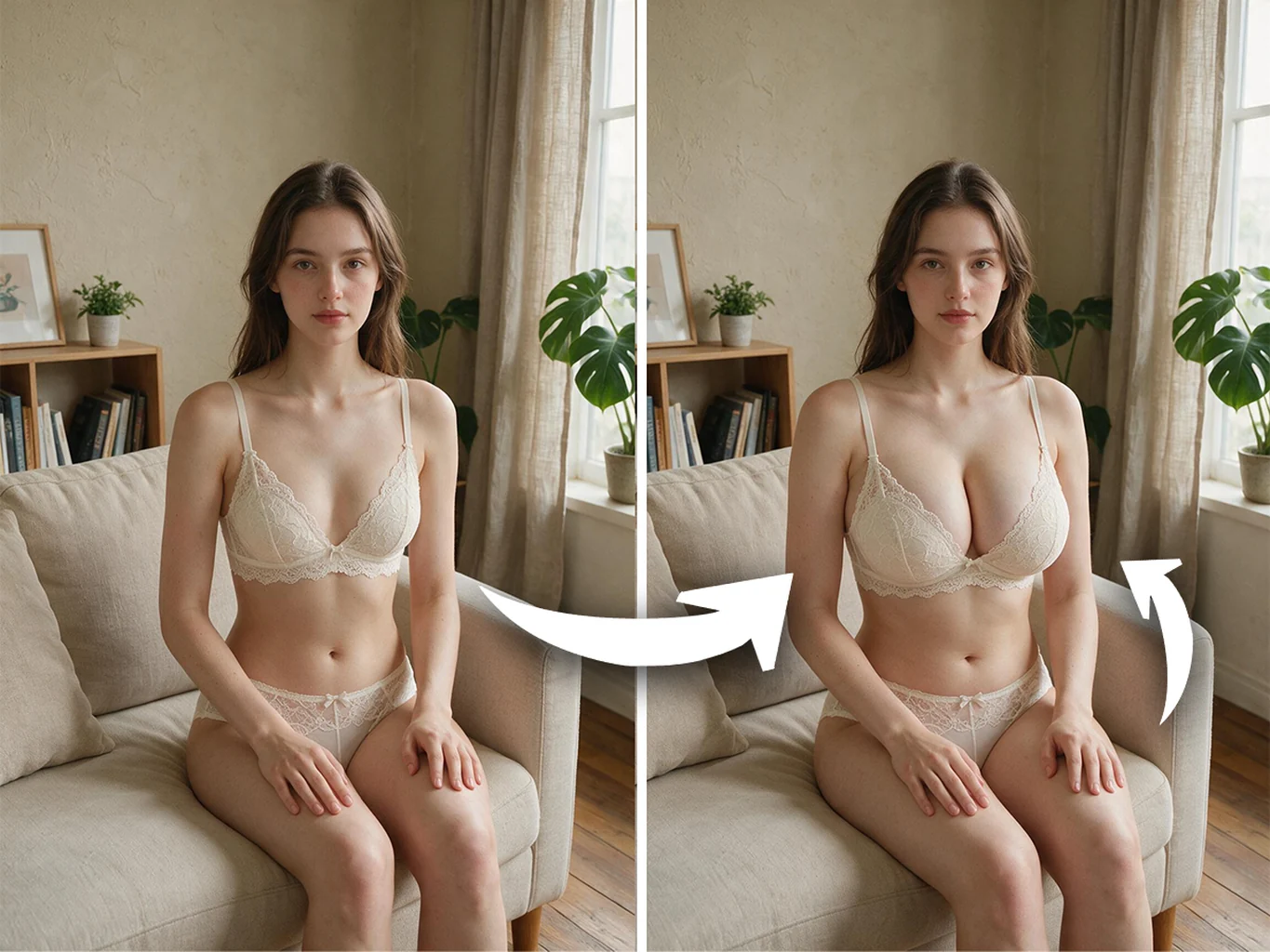 KI-Brustvergrößerung auf Dessous- und BH-Fotos