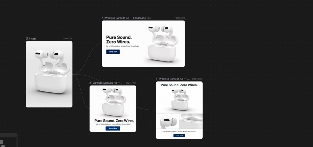 Wireless earbuds ecommerce ad examples in square, portrait, and landscape formats
