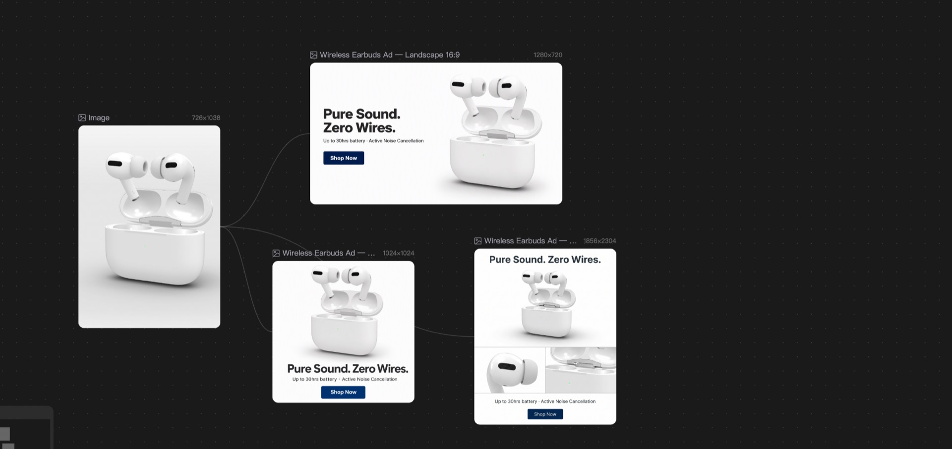 Wireless earbuds ecommerce ad examples in square, portrait, and landscape formats