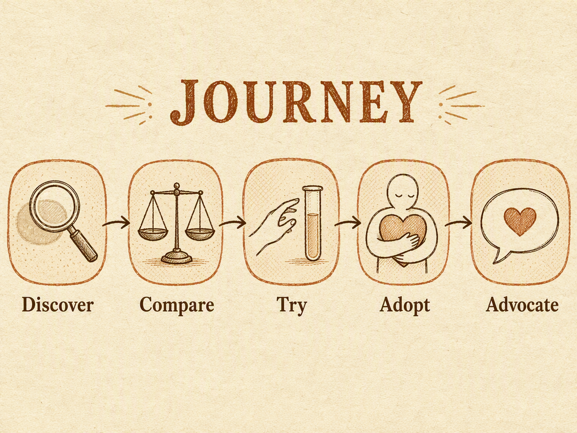 Handgezeichnete Infografik zur Customer Journey mit den Phasen Entdecken, Vergleichen, Testen, Anwenden und Weiterempfehlung in einer Reihenfolge von links nach rechts