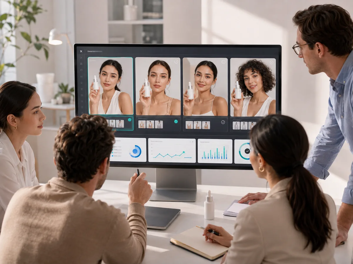 ecommerce team comparing AI face swap model variations for product campaign visuals