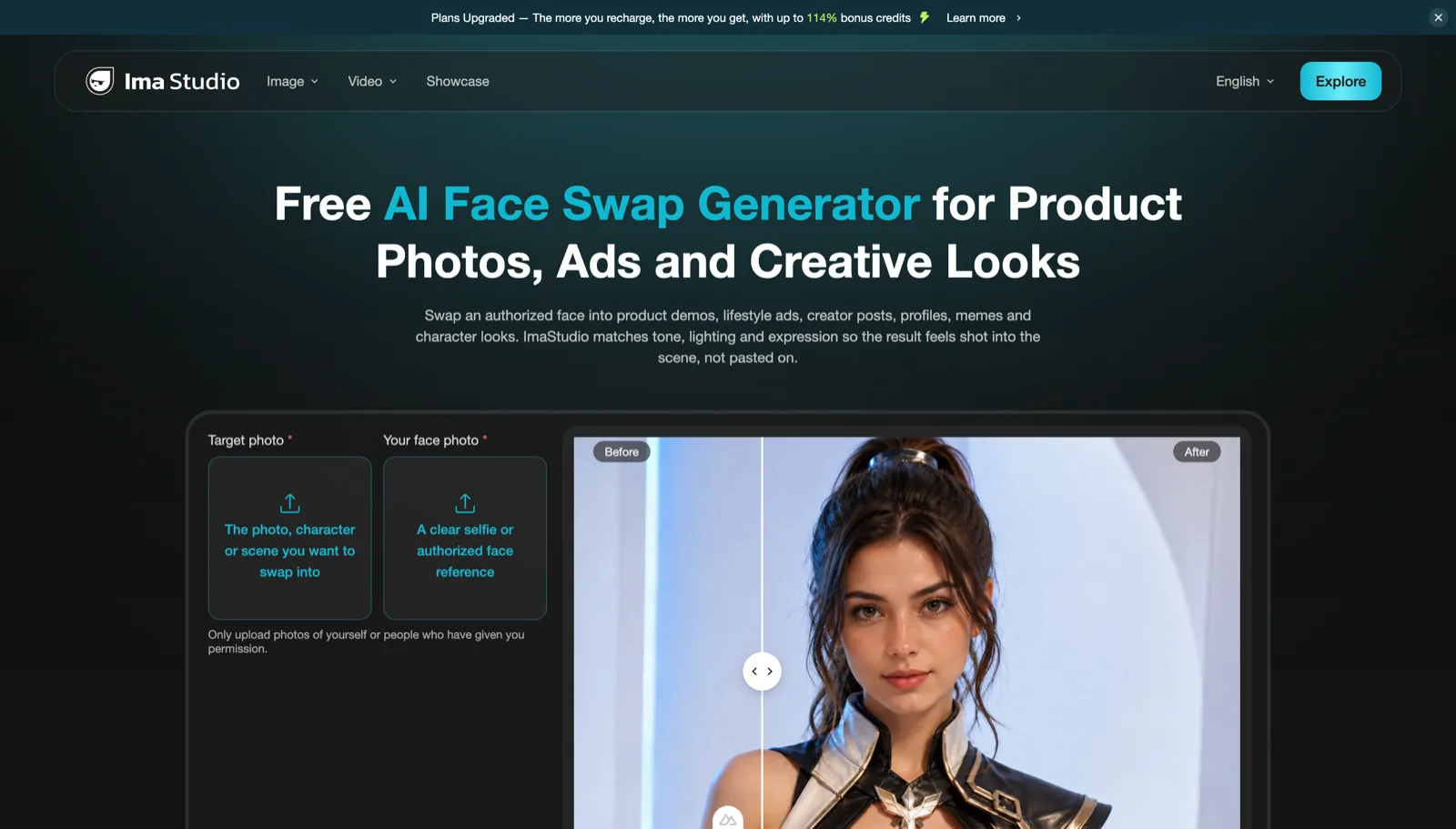 ImaStudio AI Face Swap Generator page screenshot for product photos ads and creative looks