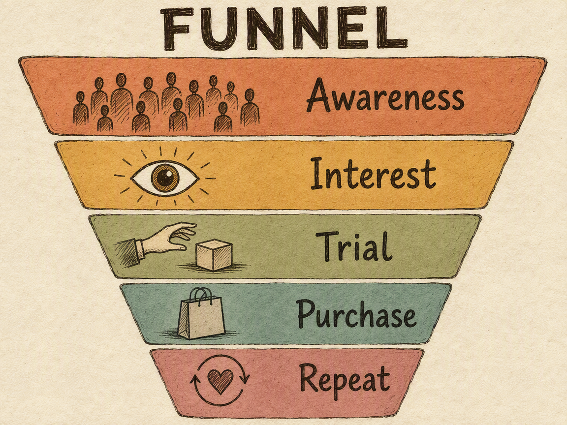 Handgezeichnete Infografik zum Marketing-Funnel mit den Phasen Aufmerksamkeit, Interesse, Testphase, Kauf und Wiederkauf.