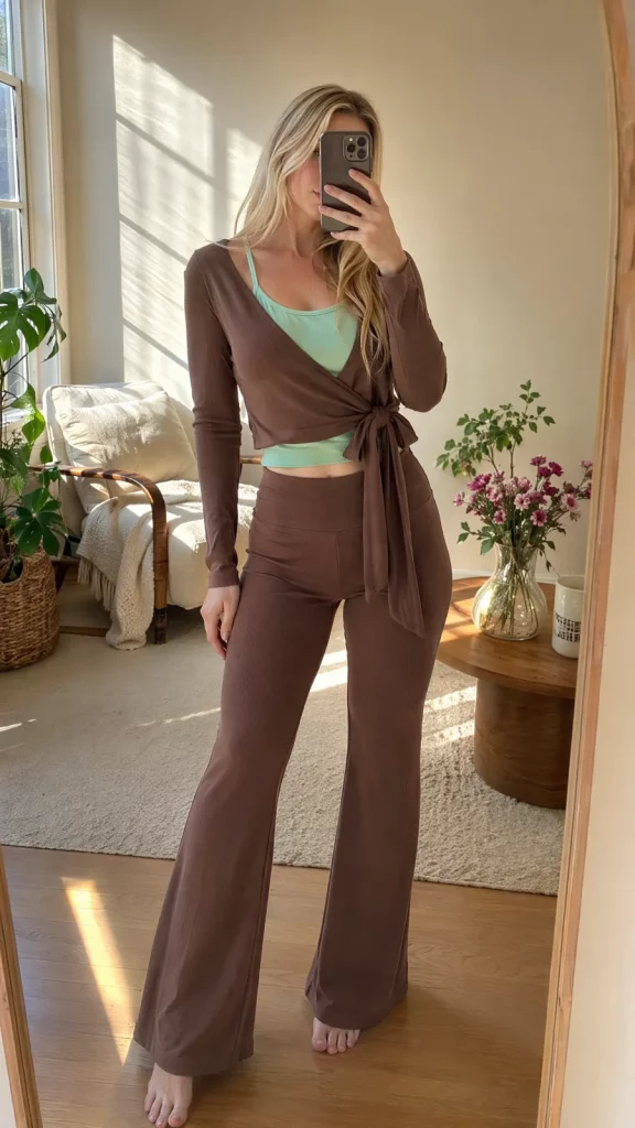 A woman wearing the brown ribbed wrap top and matching flared trousers, standing in a sunlit room, generated from a flat-lay product photo