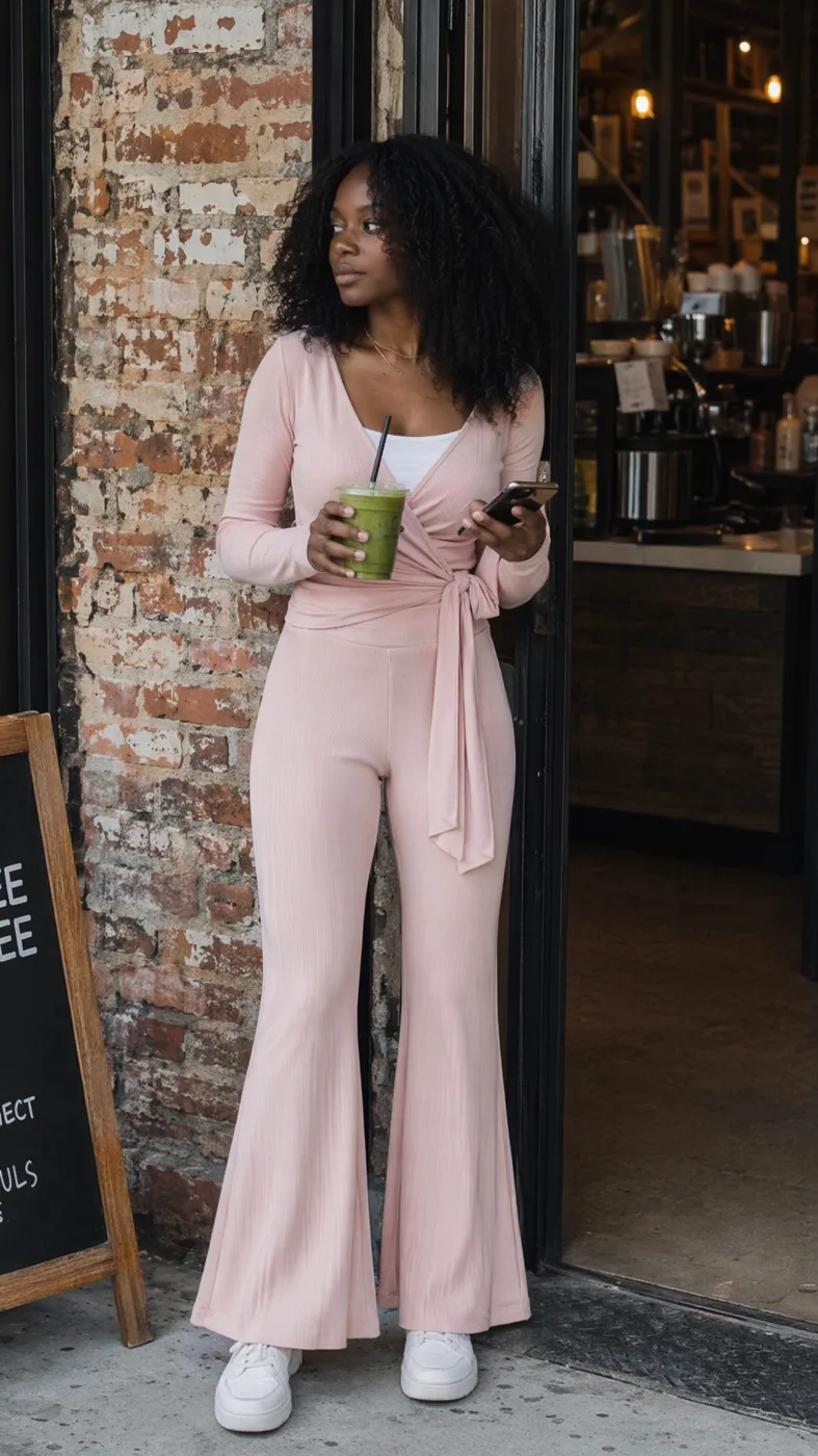 Eine Frau im rosa gerippten Wickelkleid steht mit einem Getränk in der Hand im Eingang eines Cafés.