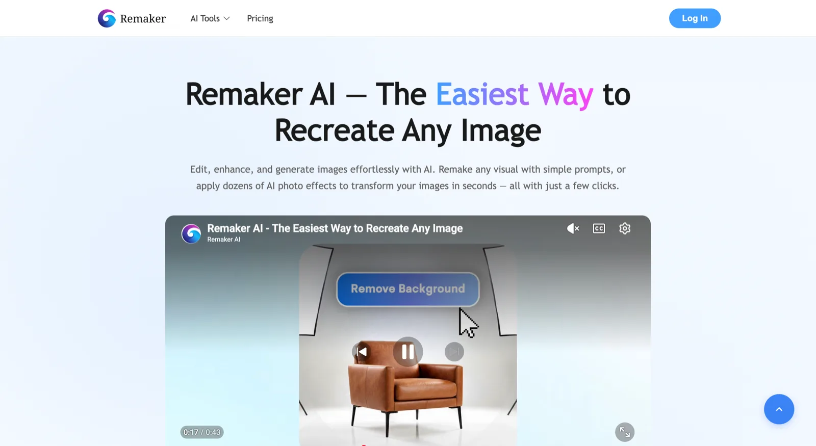 Remaker AI image editor homepage screenshot showing image recreation and AI photo editing tools