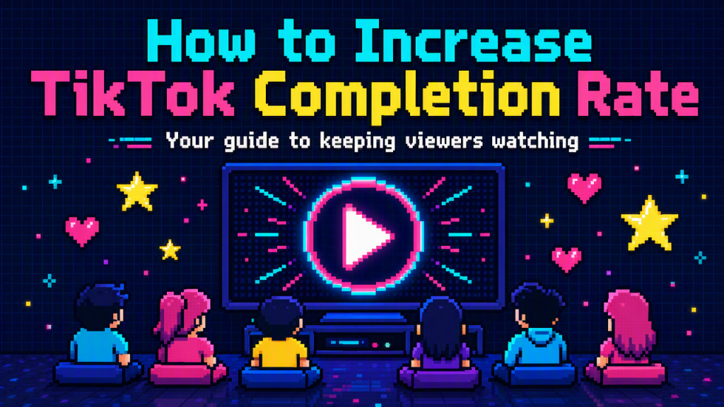 Pixel Art slide titled How to Increase TikTok Completion Rate with viewers facing a play button
