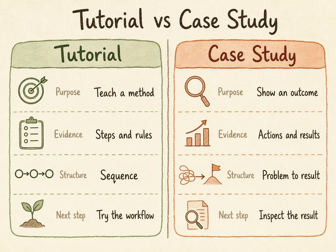 Two-column infographic comparing Tutorial and Case Study, with the labels Purpose, Evidence, Structure and Next step repeated inside both columns