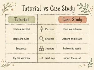 Infográfico de três colunas comparando Tutorial e Estudo de Caso em relação a Propósito, Evidências, Estrutura e Próximo passo, com cada rótulo de dimensão aparecendo uma vez no centro.