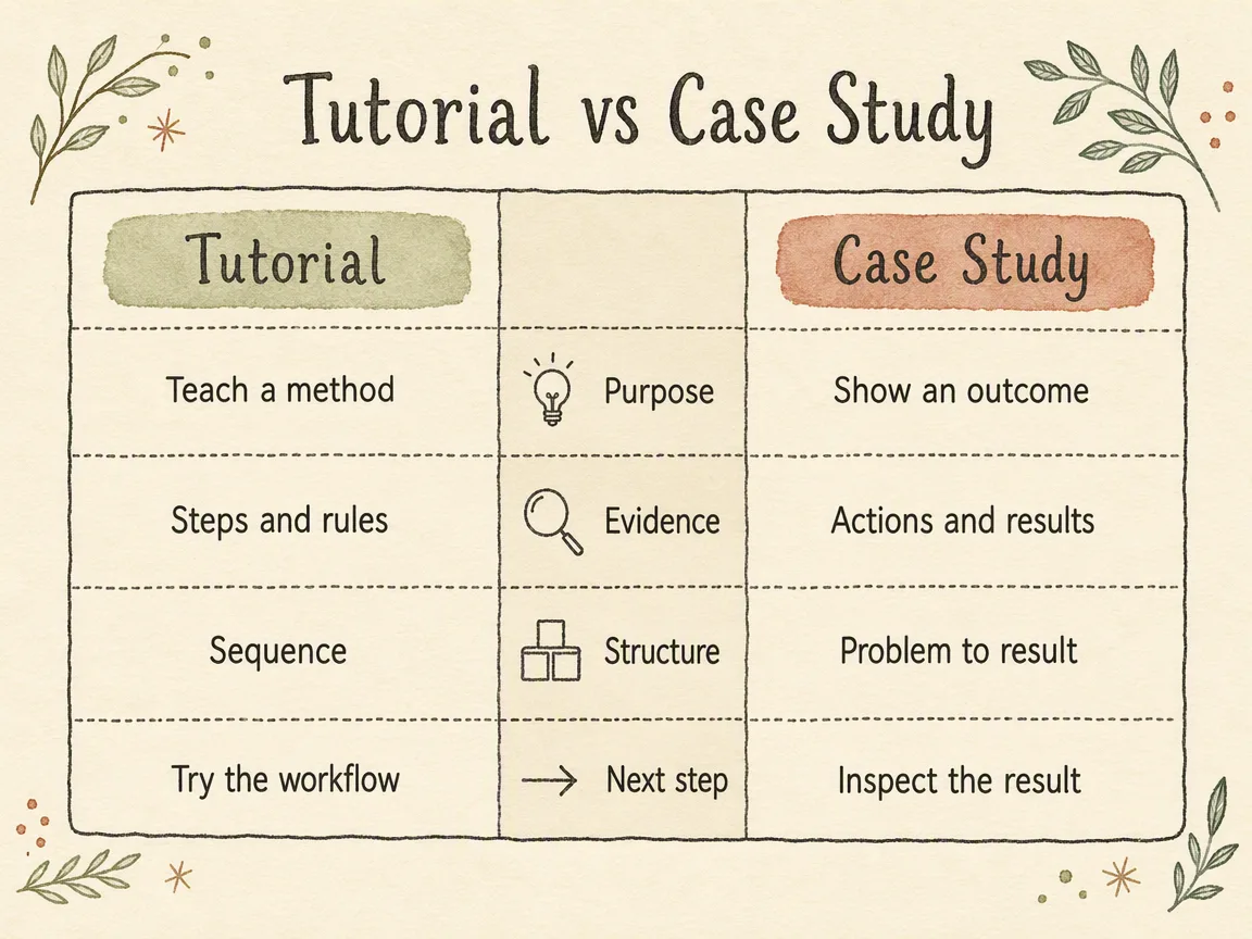 Three-column infographic comparing Tutorial and Case Study across Purpose, Evidence, Structure, and Next step, with each dimension label appearing once in the center