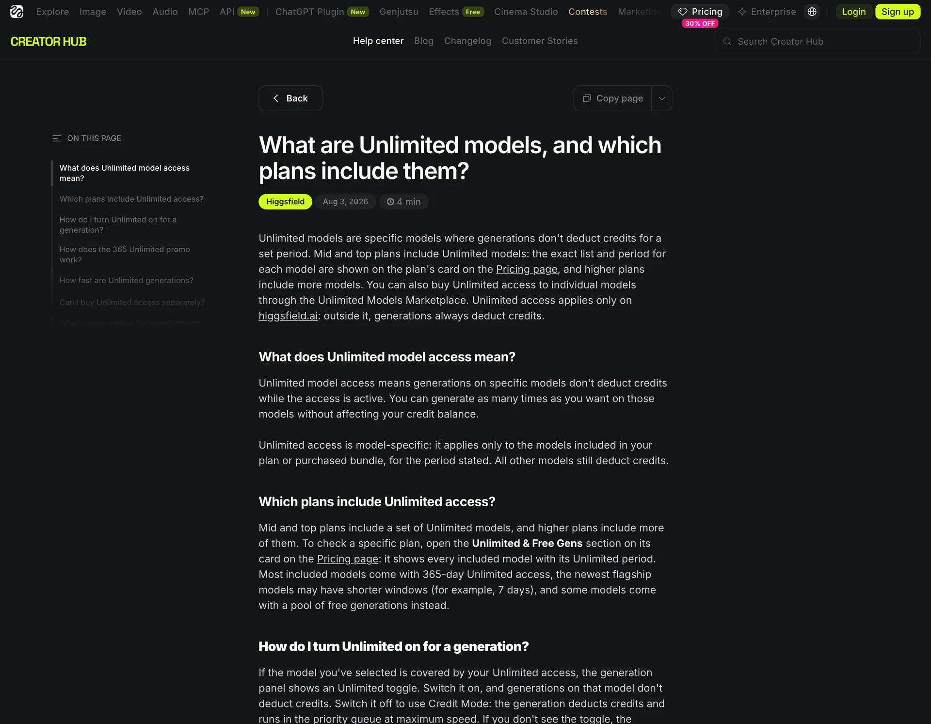Hilfeseite von Higgsfield mit Definition der Unlimited-Modelle und den dazugehörigen Tarifen.